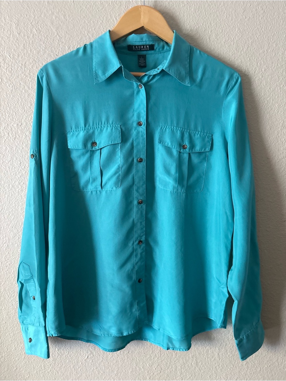 Lauren Ralph Lauren 100% Silk Button Up Shirt Large Turquoise Utility Blouse - Picture 10 of 11